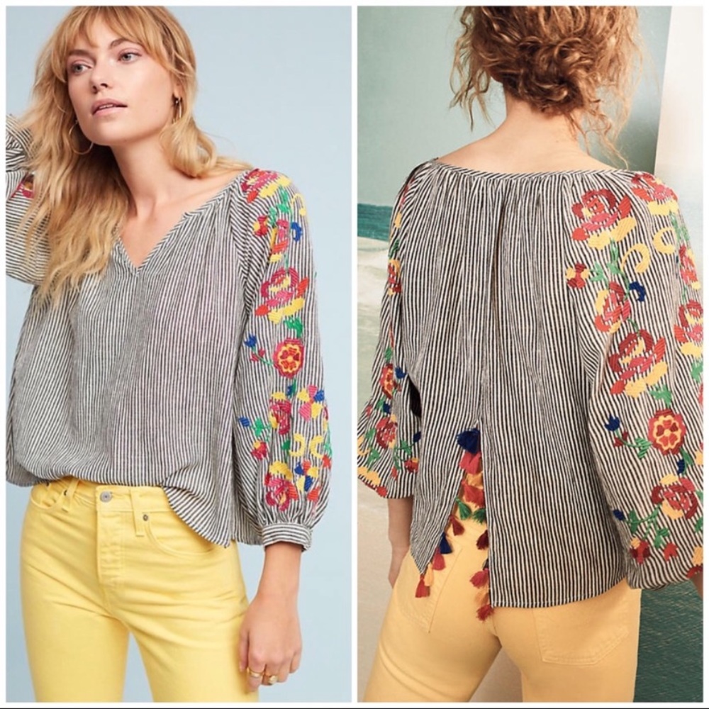 Anthropologie Embroidered Striped top